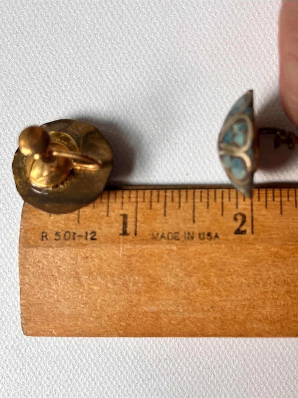 Vintage Inlaid Mosaic Turquoise Chip Brass Dome Screw Back Earrings